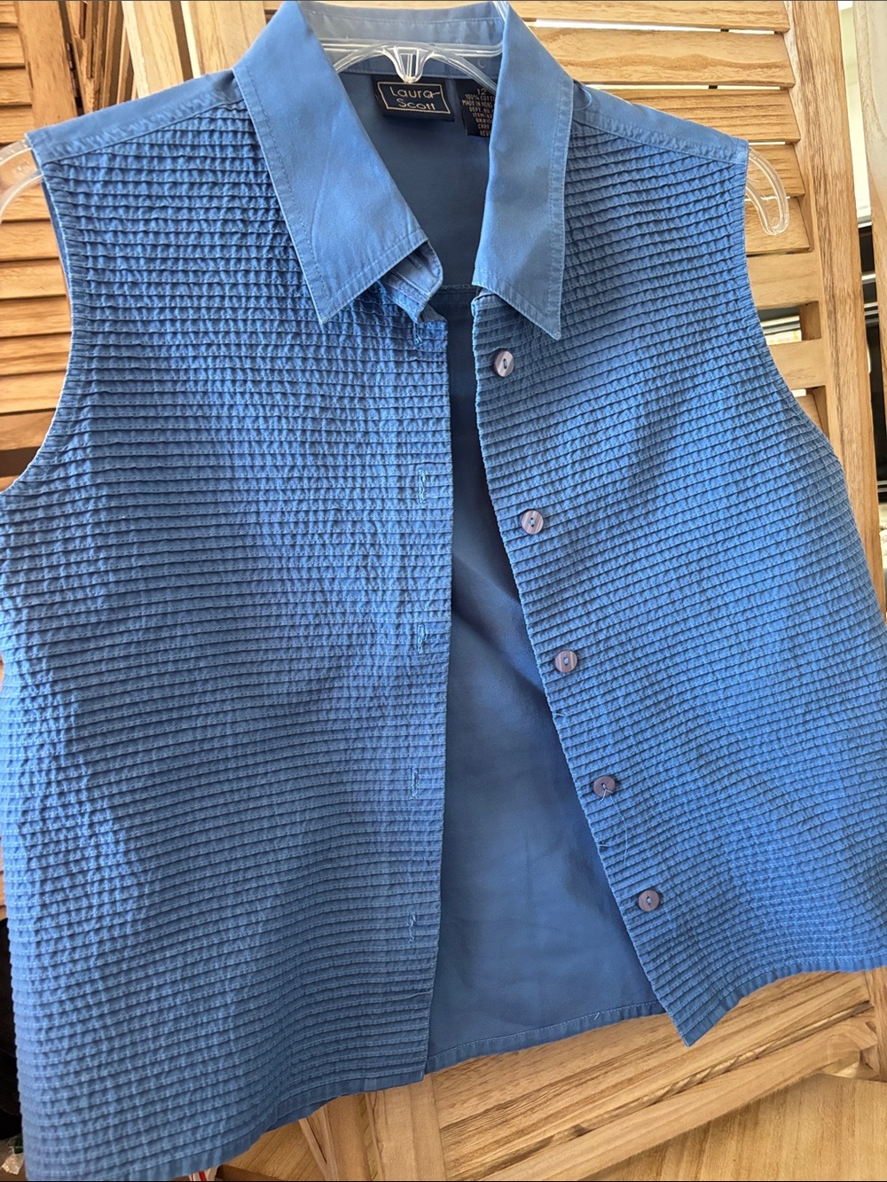 Laura Scott Ladies Blue Sleeveless Textured Button-Front Shirt 12